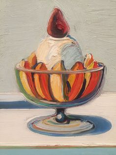 a painting of an ice cream sundae in a glass bowl on a white surface