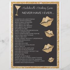 bachelor party game with gold glitter lips and champagne glasses on the side, in front of a black background