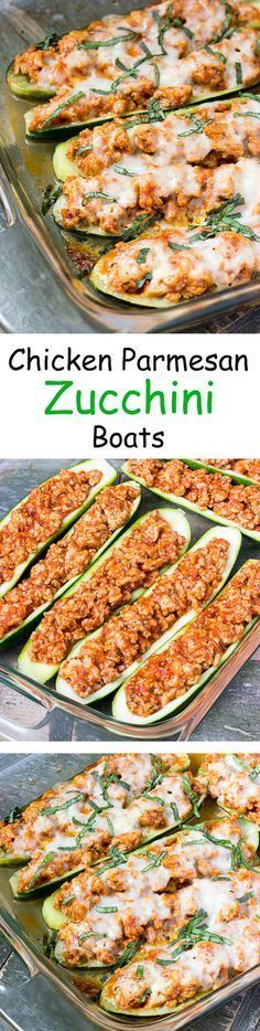 four images show how to make zucchini boats in the oven and then put them in an oven