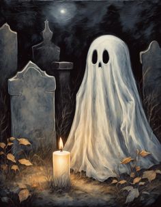 a painting of a ghost next to a grave with a lit candle in front of it