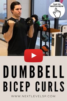 a man is doing dumbbell bicep curls with text overlay that reads, dumbbell bicep curls