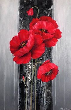 a painting of red flowers in a vase