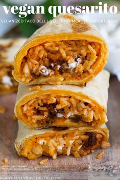 two burritos stacked on top of each other with the words vegan quesadilla written below