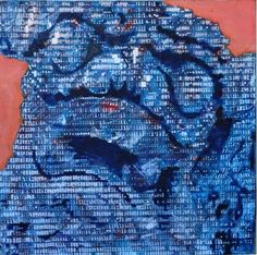 an abstract painting with blue and red colors on the bottom half of it, which is made up of words