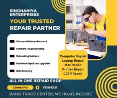 a flyer for repair shop with an image of a man working on a laptop computer