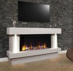 an electric fireplace in a living room with a flat screen tv on the wall above it