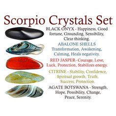 a poster with different types of sea glass on it's sides and the words scorpio crystals set