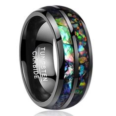 Genuine Abalone Shell and Fire Opal Men's Tungsten Ring. Genuine Tungsten Carbide ring with high polished comfort fit inner face. Abalone Shell and Opal can unlock great energy and is considered to bring positive light. Tungsten is extremely heat resistant, very dense and forms a beautiful ensemble with opal elements. GILIARTO BRANDED DESIGN- ALL RIGHT RESERVED. Please note, this is a genuine Abalone Shell and Opal ring, and has a higher cost than similar rings with paper print on Amazon and eBay. Usually this ring gets delivered in up to 3 days in USA. Selenite Crystal Wands, Black Opal Ring, Tungsten Mens Rings, Mens Rings, Black Tungsten, Tungsten Carbide Rings, Opal Engagement, Tungsten Ring, Tungsten Carbide