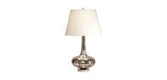 a silver lamp with a white shade on it's base and an off - white lampshade