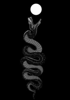 a black and white image of a snake with the moon in the sky behind it