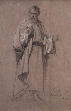 a drawing of a man with a hat and robe holding something in his right hand