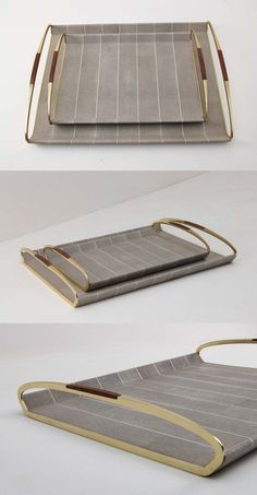 three different views of the back and side of a purse with gold trimmings