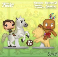 two pop figures are shown in front of a green background with an image of a man riding a horse