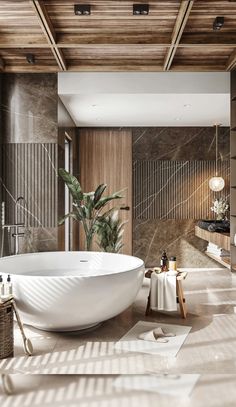 a large white bath tub sitting inside of a bathroom next to a wooden wall and ceiling