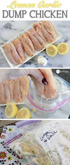 the process for making lemon garlic dump chicken is shown in three different pictures, including one with