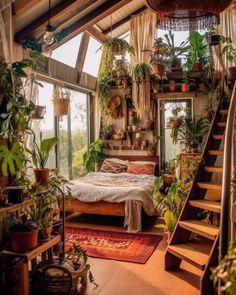 a bedroom with plants on the walls and stairs leading up to it's bed