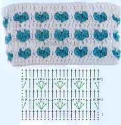 the crochet pattern is shown in blue and white