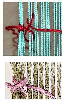 three pictures with different types of weavings on them, one is red and the other two are blue