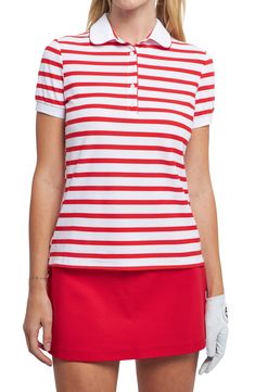 This cotton-blend polo shirt is crafted with a classic striped print and abbreviated sleeves for weekend-ready wear. Button half-placket Short sleeves 50% cotton, 47% polyester, 3% spandex with 100% cotton contrast Hand wash, dry flat Imported Cotton Polo Shirt With Horizontal Stripes, White Horizontal Stripe Cotton Polo Shirt, White Striped Cotton Polo Shirt, Striped Collared Cotton T-shirt, Cotton Collared Polo Shirt With Vertical Stripes, White Cotton Polo Shirt With Horizontal Stripes, Classic Cotton T-shirt With Striped Collar, Cotton Polo With Vertical Stripes, Cotton Polo Shirt With Vertical Stripes