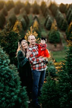 a man and woman holding their son in the middle of christmas trees