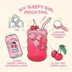 a pink drink with ice and cherries in it, labeled diy sleepy girl cocktail