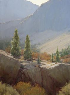 an oil painting of mountains and trees