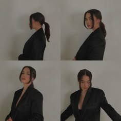 four images of a woman with her hands on her hips