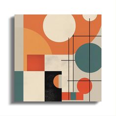 an abstract painting with circles, squares and lines in oranges and browns on a white background