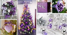 purple and silver christmas decorations are featured in this collage, including a small tree