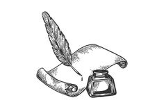 a pen and ink bottle with a feather quill on the table, hand drawn illustration