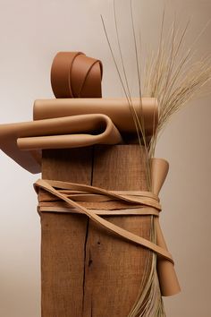 a close up of a wooden object with some grass in the middle and other items around it