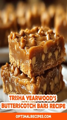 Get ready to indulge in Trisha Yearwood's Butterscotch Bars! 🍫✨ These sweet, gooey bars are rich, buttery, and bursting with cozy butterscotch flavor. Perfect for any occasion, these bars are super easy to make and deliver a nostalgic homemade treat that everyone will love. Whether you’re planning a family get-together or just need a quick dessert fix, these butterscotch bars are your answer! Save this recipe to make an irresistible dessert that’s sure to be a hit! 👩‍🍳💛 #ButterscotchBars #EasyDesserts #TrishaYearwood Butterscotch Bars Pioneer Woman, Chewy Butterscotch Brownies, Best Ever Scotcheroos, Butterscotch Bars Trisha Yearwood, Recipe Using Butterscotch Chips, Butterscotch Coconut Bars, Butterscotch Chip Desserts, Trisha Yearwood Butterscotch Bars, Butterscotch Chips Recipes