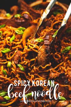 spicy korean beef noodle dish with tongs in it