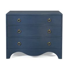 a blue chest of drawers with gold handles and knobs on the top, against a white background