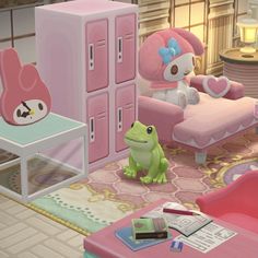 a cartoon character sitting in a pink room next to a bed and desk with a frog on it