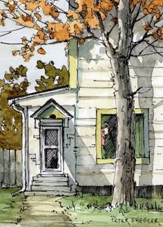 a drawing of a house with a tree in front of it and a person looking out the window