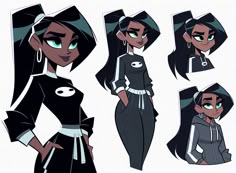 some cartoon character poses with their hair in ponytails and green eyes, wearing black clothing