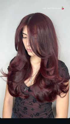 i asked for long layers and face framing with a blowout Burgundy Hair Long Layers, Long Layer Blowout Hairstyles, Red Blowout Hair, Cherry Red Hair Layers, Face Framing Layers Red Hair, Dark Red Hair Layers, Dark Red Layered Hair, Long Layers And Face Framing, Layers And Face Framing