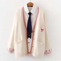 Cartoon Embroidered Bunny Loose Knit Cardigan Sweater · Harajuku fashion · Online Store Powered by Storenvy Embroidered Bunny, Loose Knit Cardigan, Halter Dress Short, White Shirt Blouse, Long Sleeve Knitted Cardigan, Loose Knit, Kawaii Clothes, Harajuku Fashion, Online Fashion Stores