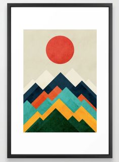 a poster with mountains and a red sun in the background