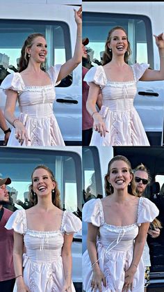 a woman in a white dress is smiling and waving