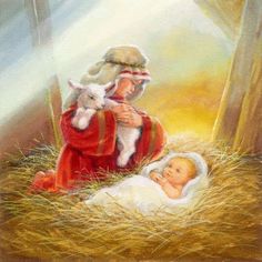 a painting of a baby jesus in the manger