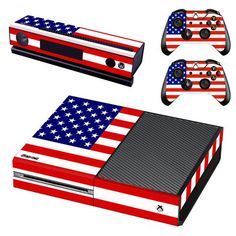 an american flag skin for the nintendo wii game console and two controllers, both with matching decals