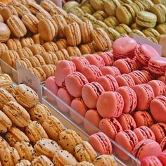 many different types of macaroons are on display