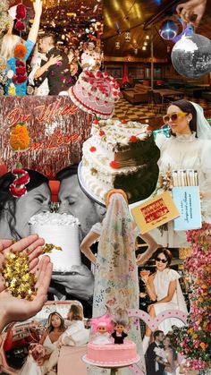 a collage of photos with people and wedding cakes in the middle one is holding a cake