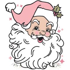 a drawing of santa claus with stars and holly on his head, smiling for the camera