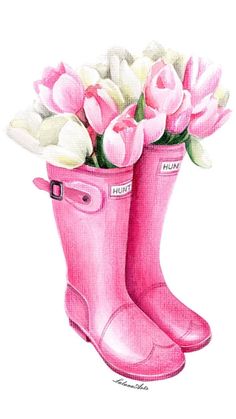 a drawing of pink boots with flowers in them