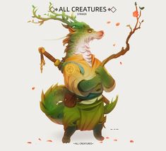 an animal holding a branch with leaves on it's back and the words all creatures written