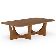 a wooden table with two intersecting legs on an isolated white background, the top is made out of wood