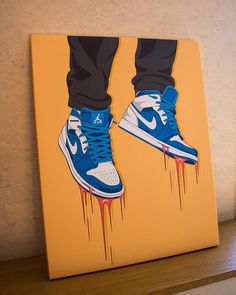 a painting of a pair of blue shoes with dripping blood on the soles, against a yellow background